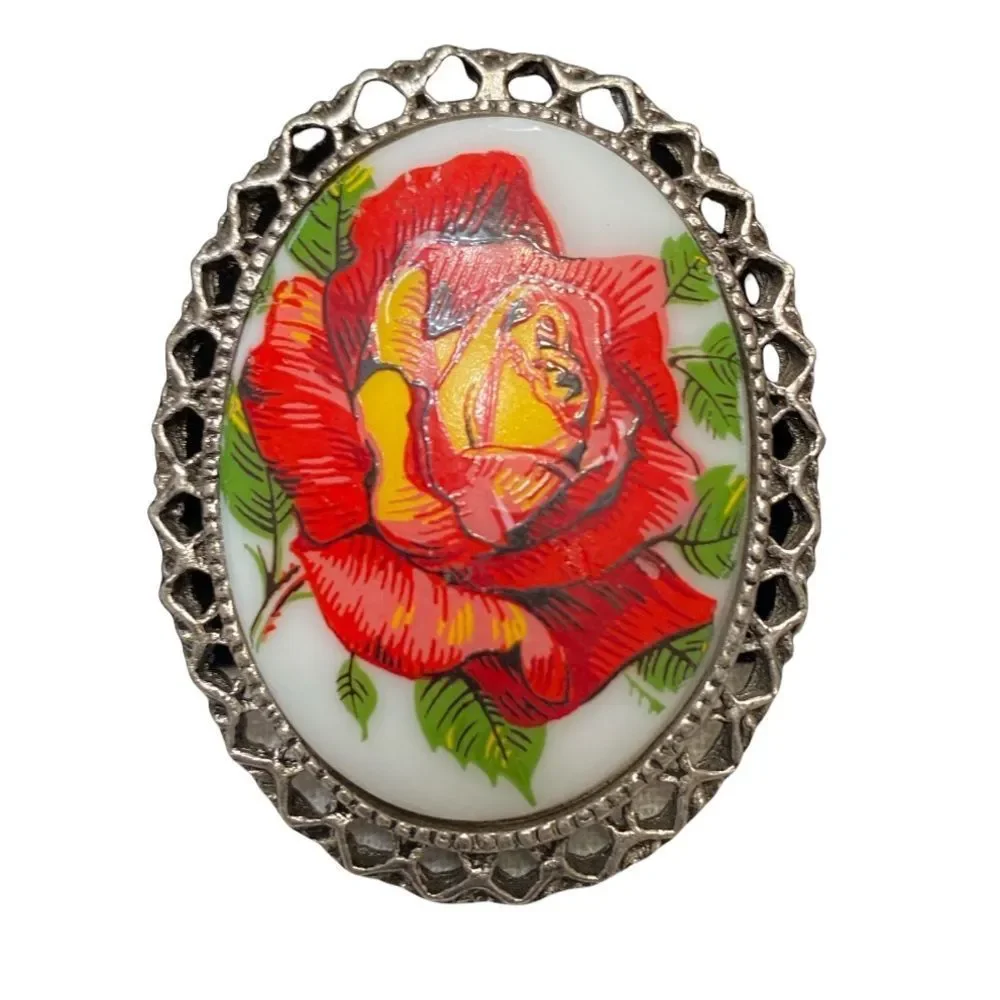 Vintage Silver Brooch With Porcelain Flower Cameo